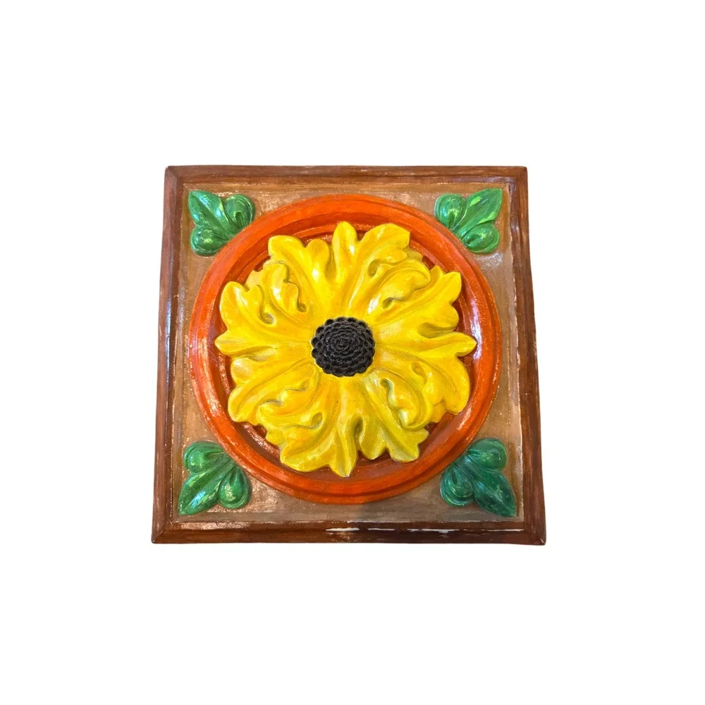Vintage 70s Sunflower Floral Ceramic Wall Art Hanging Tile Plaque Large 11